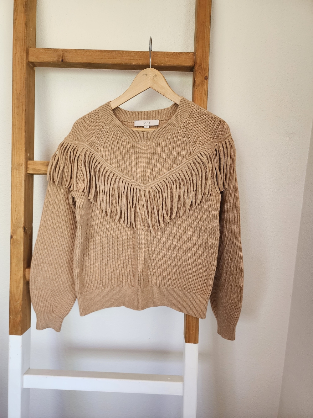 LOFT Fringe Sweater XS Beige Tan Cotton Blend Western Boho Pullover Long Sleeve